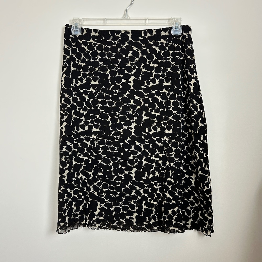 BCBG Max Azria Skirt Womens L Brown Ivory Abstract‎ Floral Mesh Midi Flounce Hem